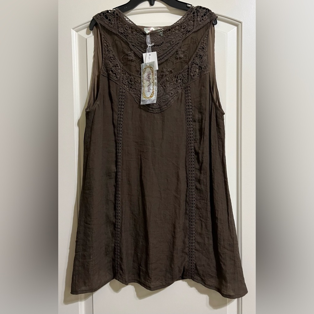 NWT Lady Noiz Women’s Brown TUNIC or SHORT DRESS Crochet Upper Sleeveless Large